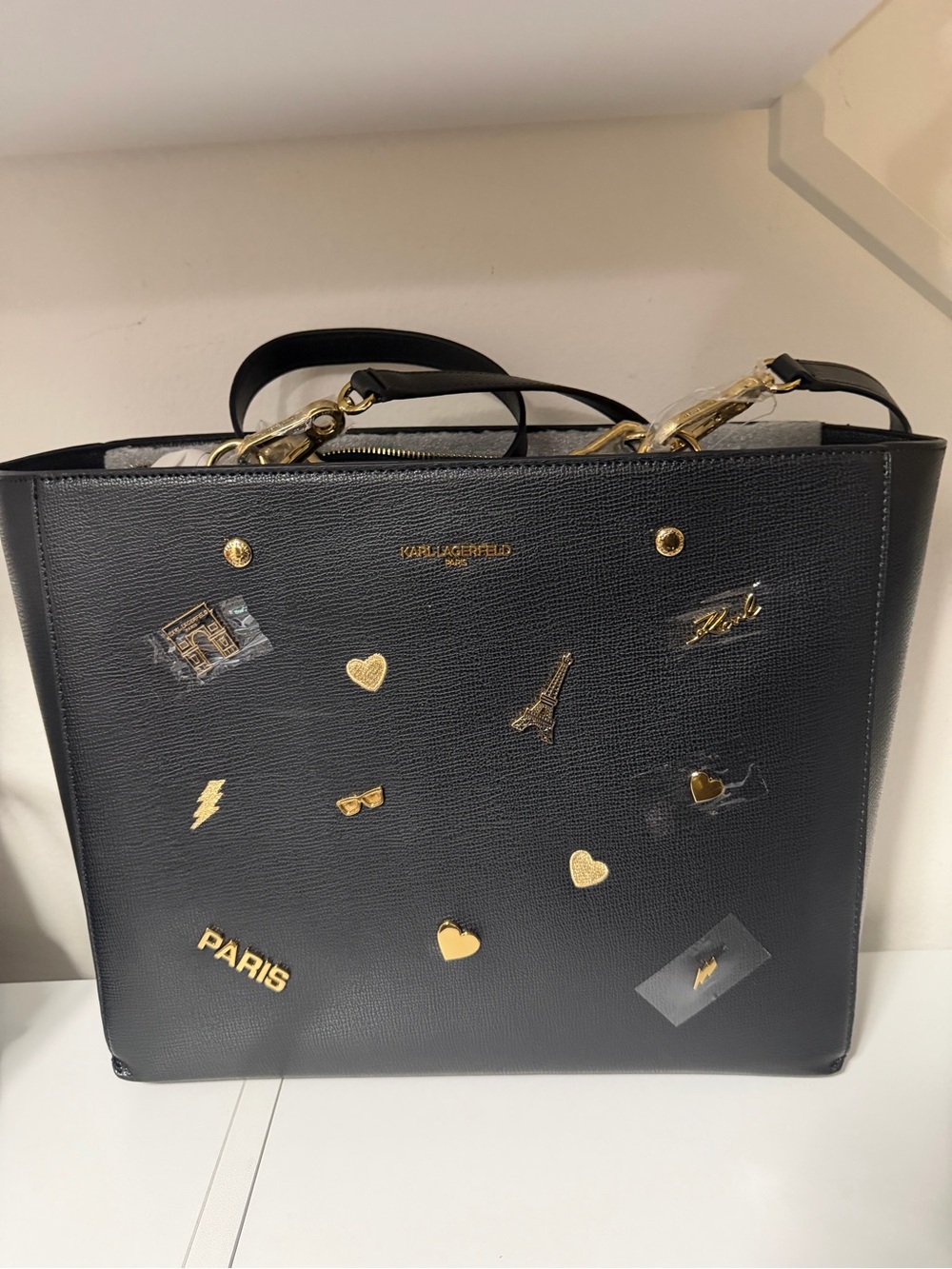 Karl Lagerfeld Black Tote with Gold Paris Charms